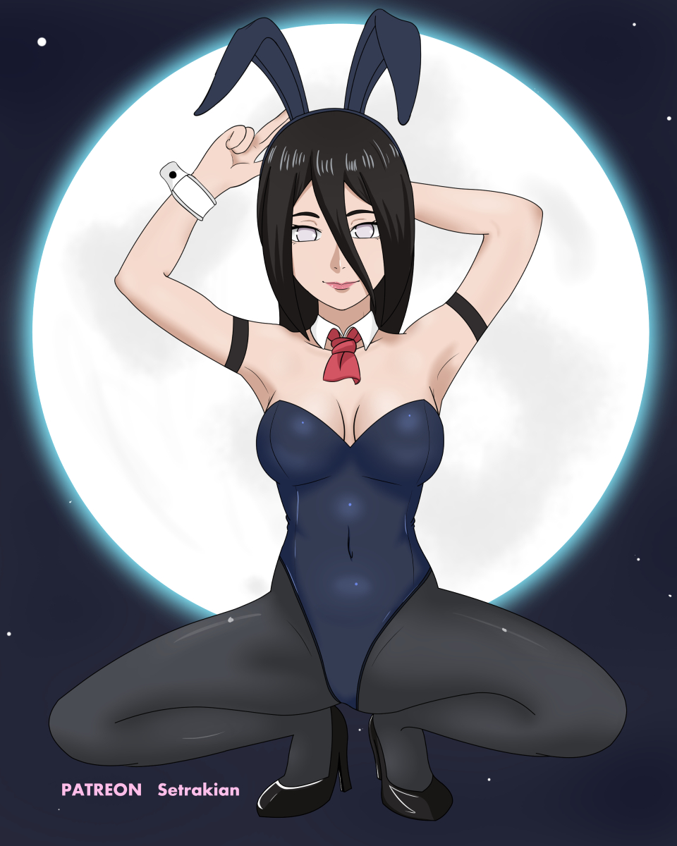 1girls, abs, armpits, arms up, black hair, black legwear, bodysuit, boruto: naruto next generations, breasts, bunny ears, bunny girl, bunnysuit, cleavage, clothing, fake ears, female, female only, grey eyes, high heels, hyuuga hanabi, large breasts, lipstick, long hair, moon, naruto, naruto (series), naruto: the last, pantyhose, setrakian, shoes, squatting, text, watermark, white eyes