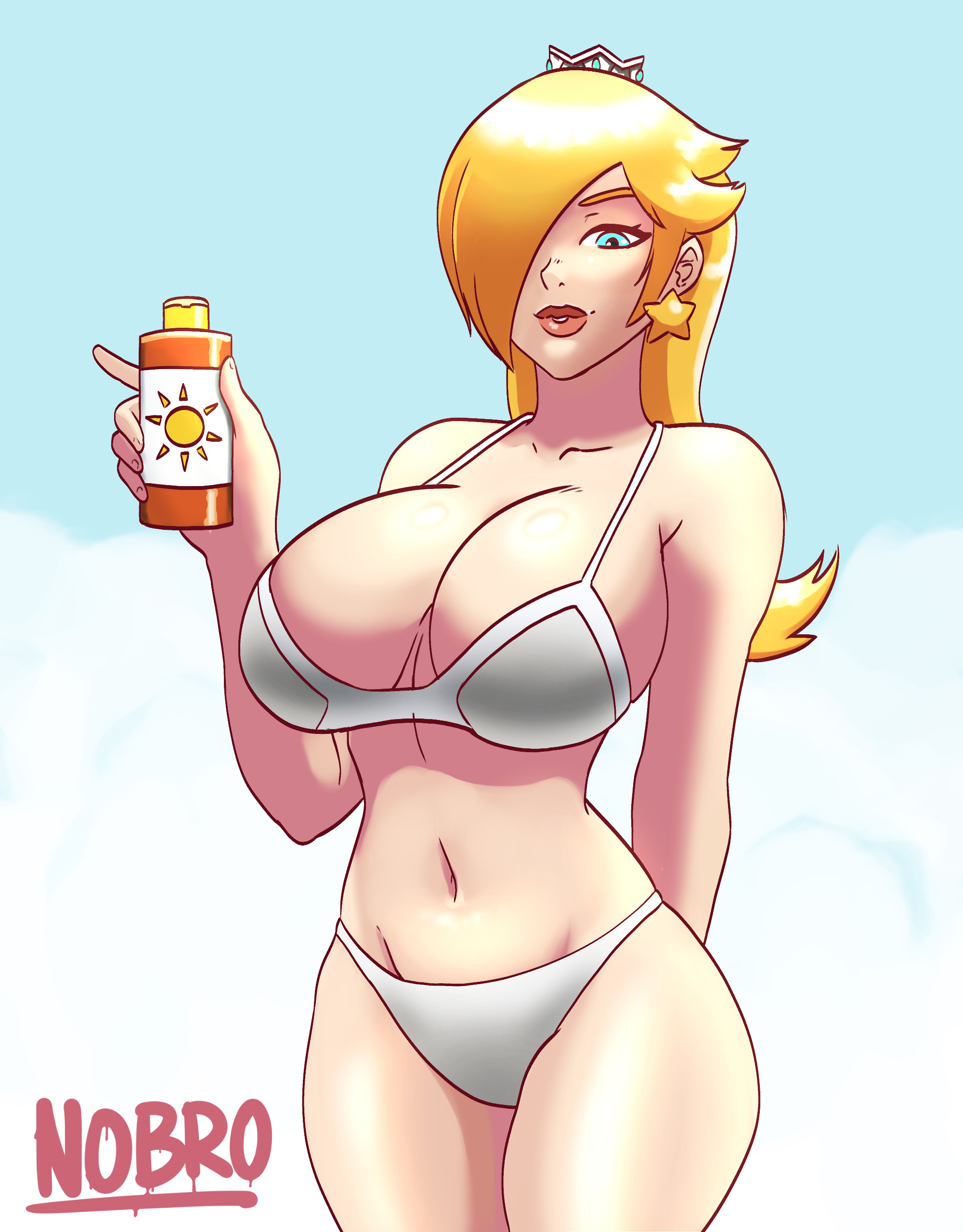 1girls, abs, alternate breast size, arm behind back, ass, bare shoulders, big ass, big breasts, bikini, blonde hair, blue eyes, breasts, cleavage, cloud, clouds, crown, day, earrings, eyelashes, female, female only, hair over one eye, holding, huge breasts, jewelry, large breasts, lipstick, long hair, looking at viewer, mario (series), midriff, navel, nintendo, nobro, outdoors, princess rosalina, sideboob, sky, smile, solo, standing, super mario galaxy, swimsuit, teeth, text, thighs, watermark, wide hips