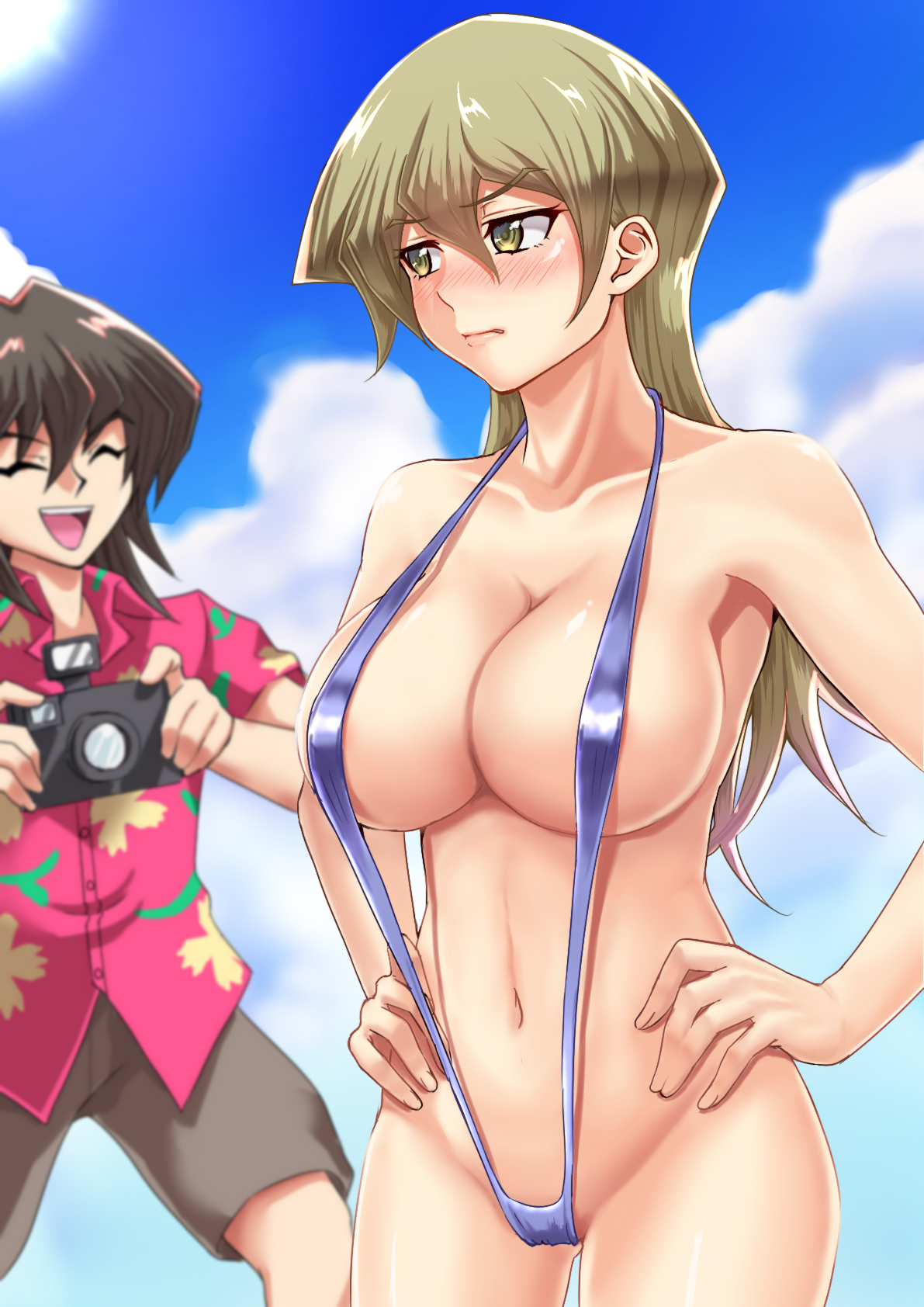 1boy, 1girls, abs, alexis rhodes, armpits, atticus rhodes, belly, big breasts, bikini, blue background, blush, breasts, brother and sister, brown hair, camera, cleavage, closed eyes, female, half-closed eyes, hands on hips, highres, holding, human, long hair, male, navel, open mouth, outdoors, revealing clothes, shirt, short hair, shorts, sideboob, sling bikini, smile, straight, thigh gap, underboob, yellow eyes, yu-gi-oh!, yu-gi-oh! gx