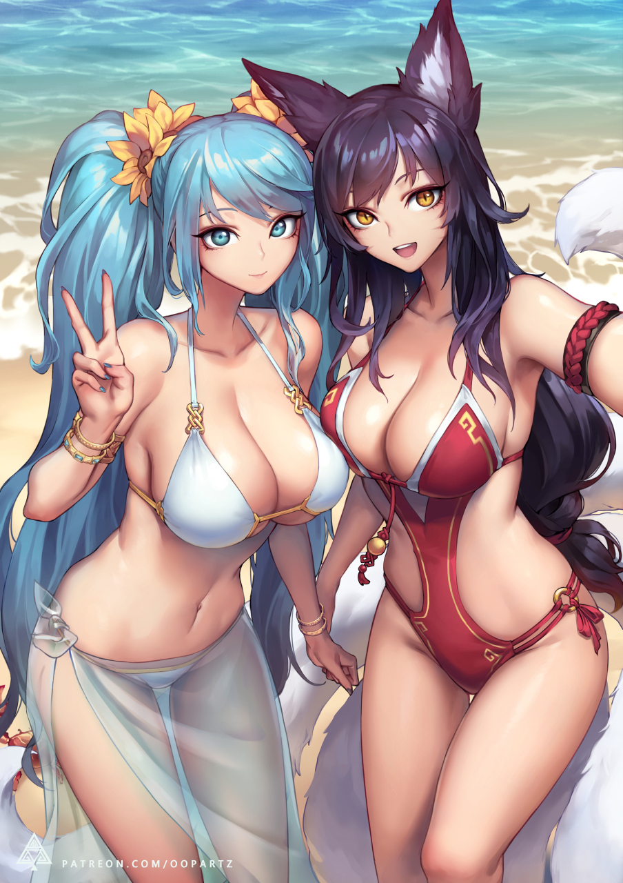 2girls ahri beach big_breasts black_hair blue_eyes blue_hair breast_press breast_to_breast breasts cleavage crab curvy female female_only fox_ears fox_tail highres hourglass_figure huge_breasts jewelry large_breasts league_of_legends looking_at_viewer one-piece_swimsuit oopartz_yang partially_clothed selfie sideboob smile sona_buvelle stomach summer swimsuit twintails v vastaya voluptuous yellow_eyes