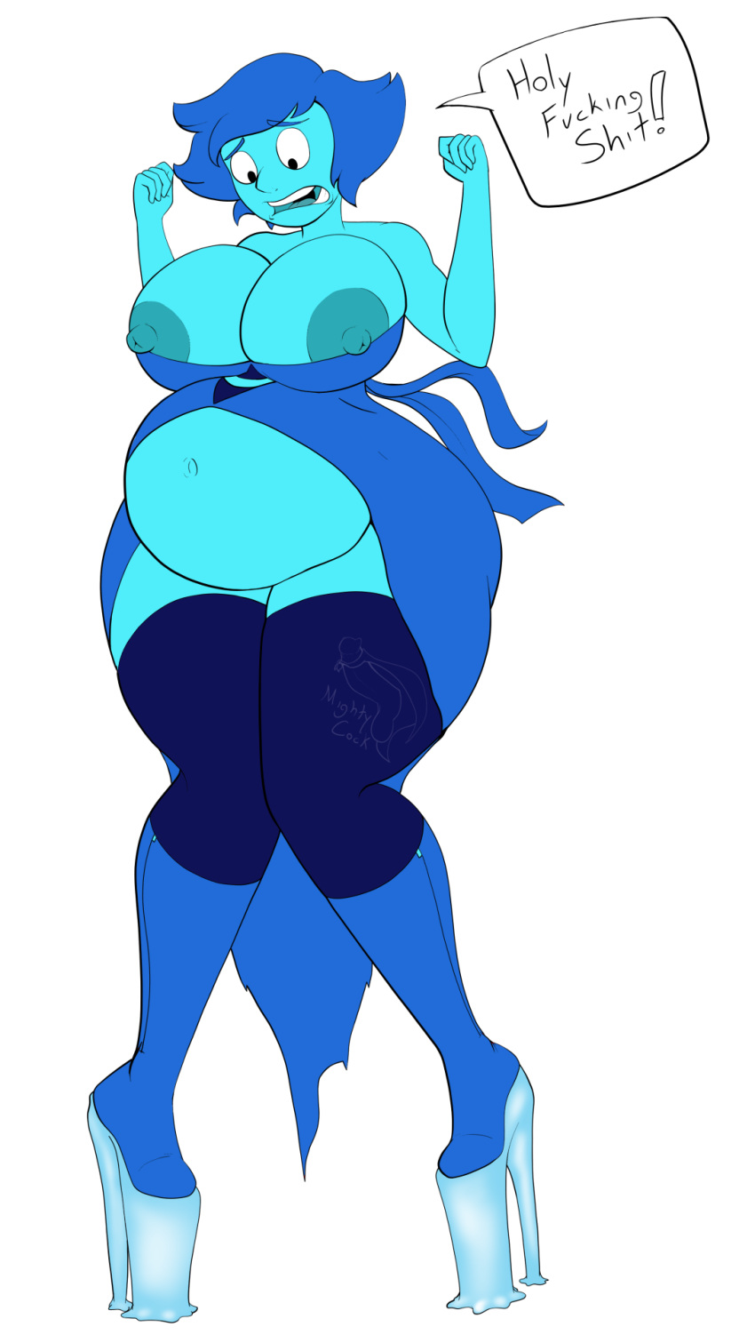1girls, areolae, ass, belly, big belly, big breasts, big nipples, black eyes, blue hair, blue skin, boots, breasts, busty, cartoon network, cleavage, clothing, dress, elemental, erect nipples, female, female only, high heels, huge ass, huge breasts, knees together, lapis lazuli (steven universe), looking down, mightycock, nipples, open mouth, pregnant, profanity, short hair, standing, steven universe, surprised, teeth, text, thick thighs, thighhighs, tongue, voluptuous, white background, wide hips
