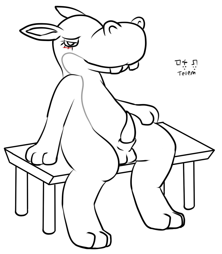 2014 3_fingers 3_toes animal_crossing animal_genitalia anthro balls bedroom_eyes biped blush ears_back erection eyelashes full-length_portrait half-closed_eyes hippopotamus looking_at_viewer male male_only mammal nintendo nude on_table partially_colored penis pinup portrait pose rocco_(animal_crossing) seductive sheath simple_background sitting smile snout solo spot_color table tapering_penis telem toes video_games white_background