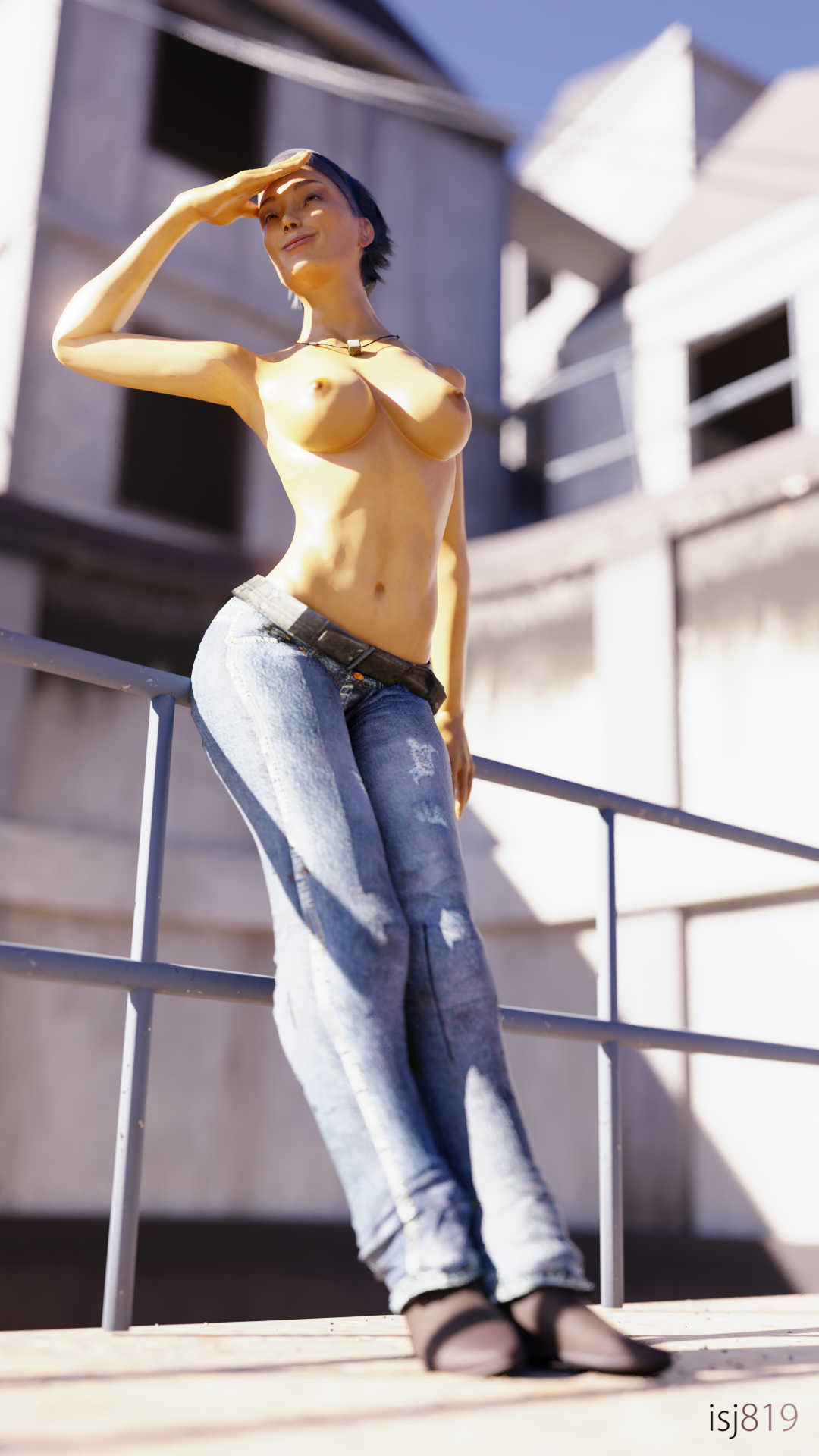 1girls, 3d, alyx vance, areolae, ass, bandana, belt, blender, boots, bottomwear, breasts, brown hair, casual, clothing, denim, depth of field, female, female only, footwear, half-life (series), half-life 2, headband, human, human female, human only, isj819, jeans, large ass, leaning to the side, low-angle view, medium breasts, navel, necklace, neckwear, nipples, no bra, outdoors, pale skin, short hair, sideboob, smile, solo, squint, tan, tan skin, topless, topless female, topless jeans, underboob, valve corporation