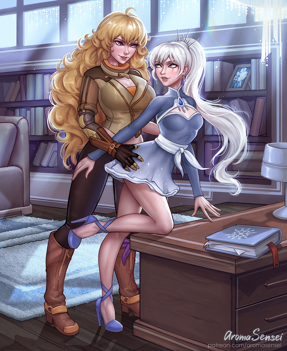 2girls, amputee, aroma sensei, blonde hair, blue eyes, boots, clothed, female, female only, hand on another's hip, hand on hip, long hair, multiple females, multiple girls, ponytail, prosthetic, prosthetic arm, purple eyes, robotic arm, rwby, weiss schnee, white hair, yang xiao long, yuri