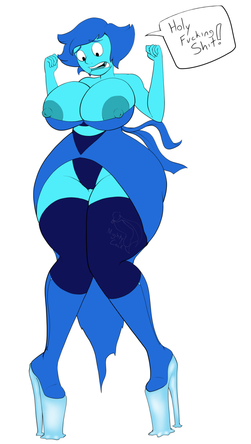 1girls, areolae, ass, belly, big breasts, big nipples, black eyes, blue hair, blue skin, boots, breasts, busty, cartoon network, cleavage, clothing, dress, elemental, erect nipples, female, female only, gem (species), high heels, huge ass, huge breasts, knees together, lapis lazuli (steven universe), looking down, mightycock, nipples, open mouth, platform heels, short hair, standing, steven universe, teeth, text, thick thighs, thighhighs, tongue, voluptuous, white background, wide hips