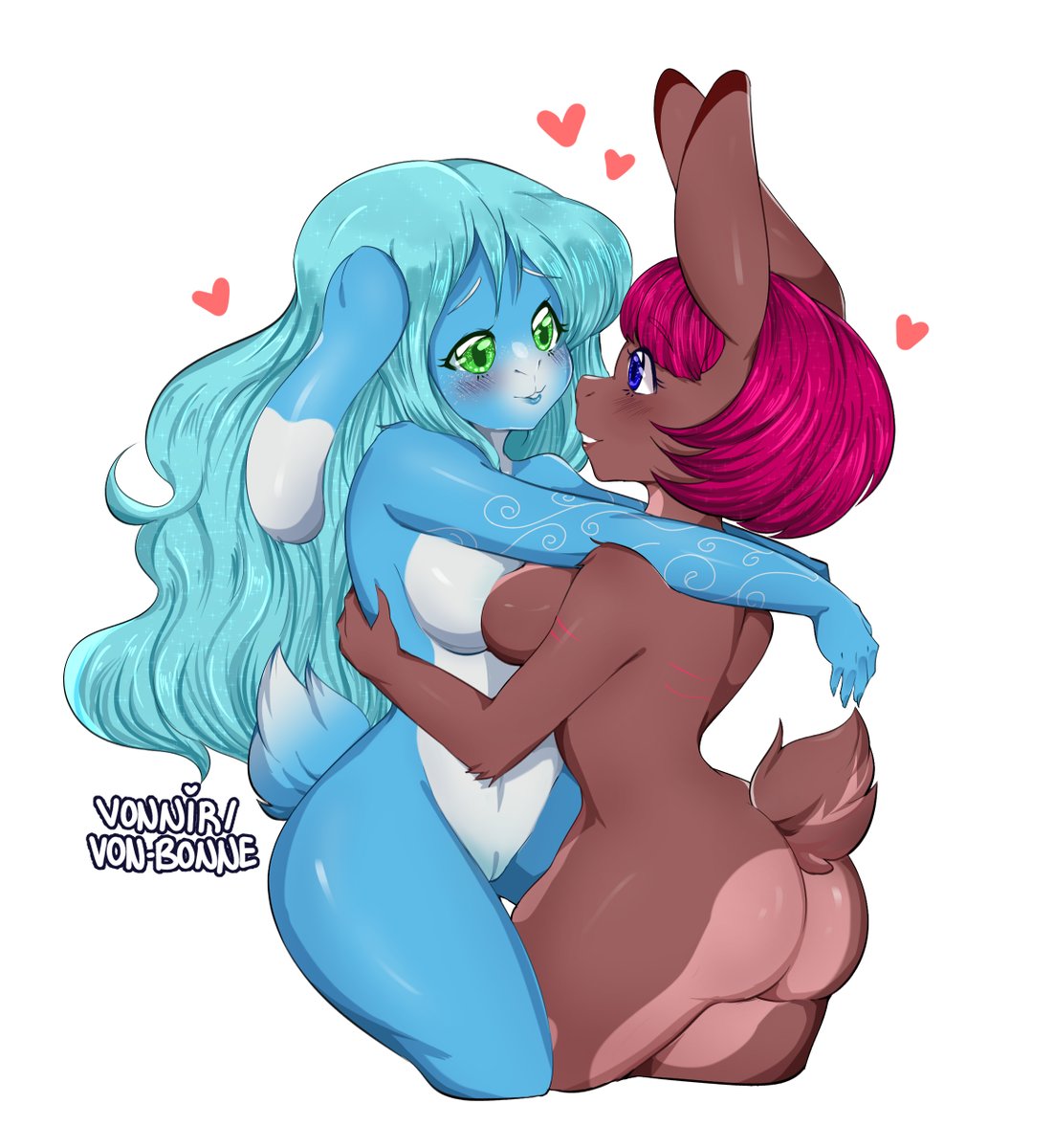 anthro ass blue_eyes blue_fur blue_hair blush breast_squish breasts breasts_frottage bright_hair brown_fur chelsea_(dkside41) cute dipstick_ears eye_contact female fur green_eyes hair heart hi_res hug lagomorph long_hair mammal multicolored_fur nude pink_hair pussy rabbit romantic_couple sam_(dkside41) scar short_hair sideboob simple_background smile two_tone_fur vonnir white_background yuri