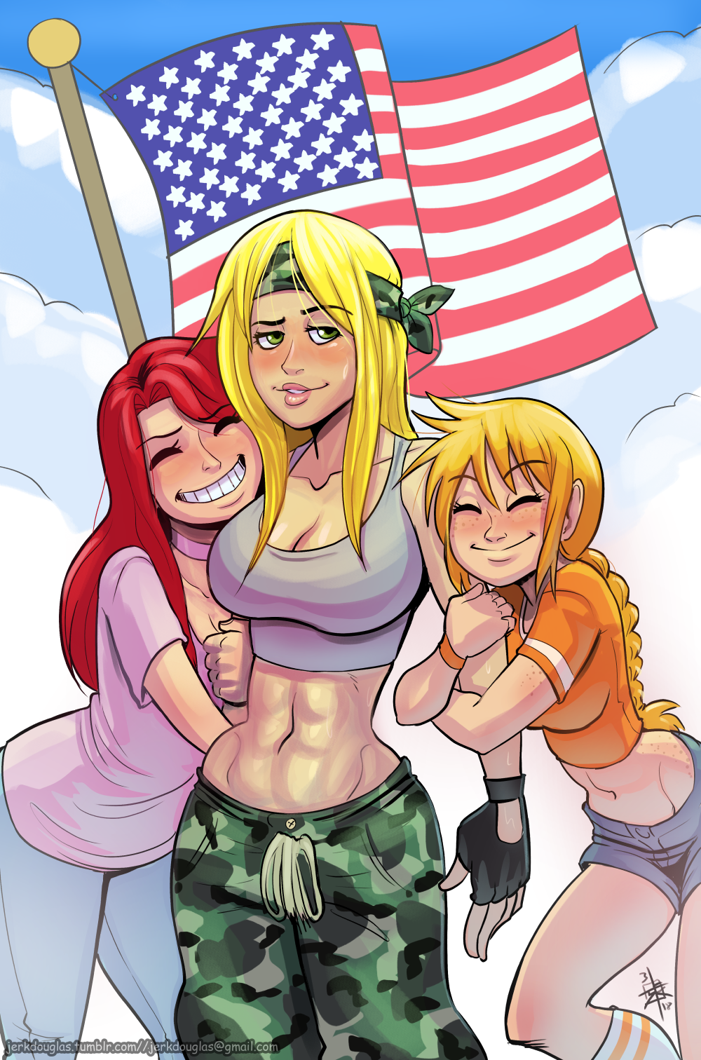 3girls abs american_flag arm_hug bandana blonde_hair blush choker cleavage crop_top female_only gardnerverse green_eyes grin highres hug jerkdouglas lipstick marty_gardner medium_breasts midriff military multiple_girls navel orange_hair red_hair sam_gardner shorts single_braid sisters smile tank_top terry_girard toned yuri