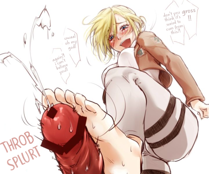 :d annie_leonhardt attack_on_titan bar_censor barefoot blonde_hair blue_eyes blush breasts censored cum ejaculation feet female femdom foot_fetish footjob jacket long_sleeves looking_down military military_uniform neziiro open_mouth penis short_hair small_penis smile solo_focus standing standing_footjob sweat thigh_strap toes translated uniform