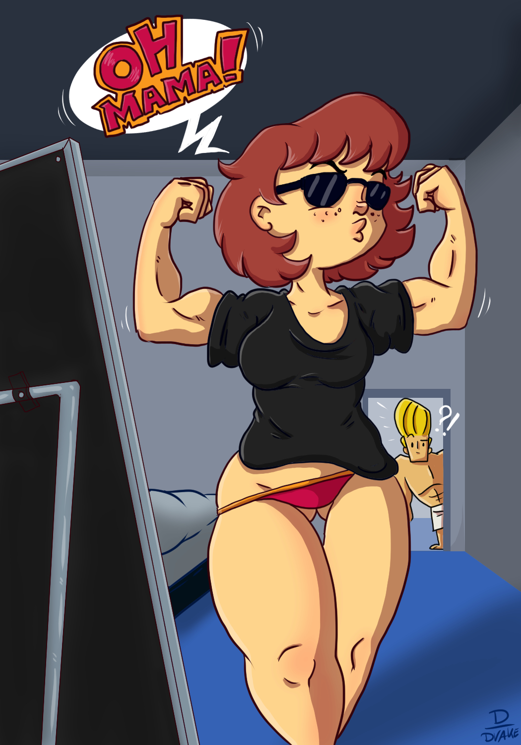 1boy, cartoon network, crossover, crossover pairing, dinodraketakethecake, female, hanna-barbera, johnny bravo, johnny bravo (series), male, panties, scooby-doo, sunglasses, t-shirt, velma dinkley, wholesome