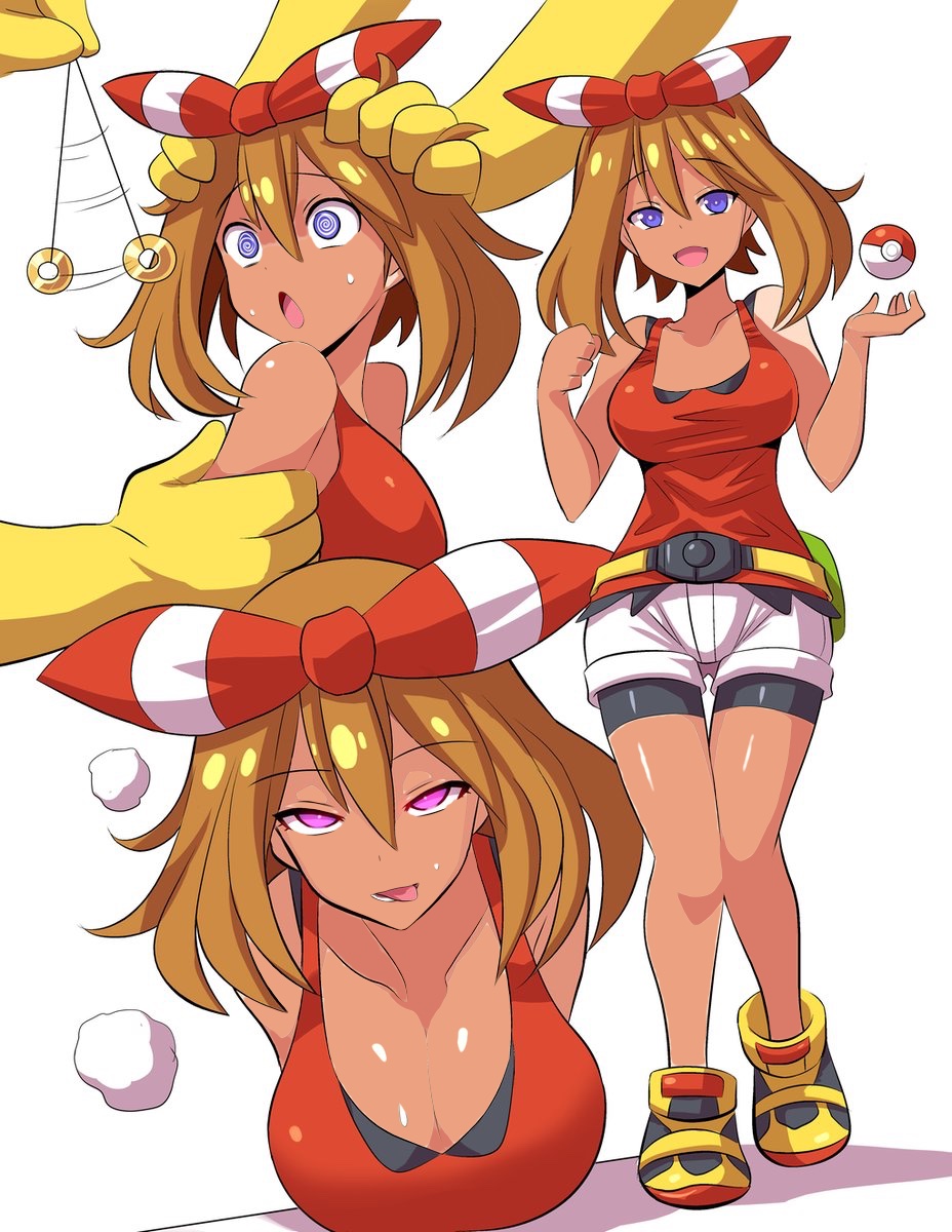1girls, ahe gao, alternate breast size, ambiguous consent, ambiguous gender, anime style, arm grab, asking for it, bag, bandana, belt, big breasts, bike shorts, blush, breast expansion, breast growth, breast growth (enlargement), breasts, brown hair, busty, cleavage, clothed, clothing, dark skin, dark-skinned female, deep cleavage, edit, expansion, eyelashes, female, femsub, forced, furry, glowing eyes, half-closed eyes, hanging breasts, head grab, heavy breathing, holding, horny female, hourglass figure, huge breasts, human, hypno, hypnosis, imminent rape, imminent sex, in heat, inviting, knees together, konno tohiro, licking lips, looking at viewer, male, male pokemon/female human, may (pokemon oras), may (pokemon), mind control, motion lines, nintendo, pendulum, poke ball, pokemon, pokemon (species), pokemon oras, pokemon rse, pokephilia, purple eyes, race swap, ready to fuck, sexually suggestive, short hair, shorts, simple background, spiral eyes, standing, suggestive, suggestive look, suggestive pose, suggestive smile, surprised, surprised expression, teasing viewer, teenage female, teenager, thigh gap, thighs, tomboy, tongue, tongue out, voluptuous, white background, wide hips, wide thighs, yellow fur