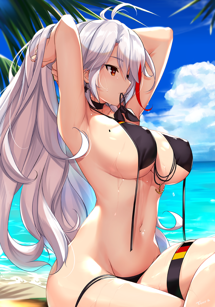 1girls abs armpits arms_up azur_lane beach big_breasts bikini breasts brown_eyes cleavage female_only groin large_breasts long_hair looking_away mouth_hold navel outdoors prinz_eugen_(azur_lane) sideboob sitting sky solo sweat text tony_guisado two_tone_hair underboob untied untied_bikini water watermark wet white_hair wide_hips