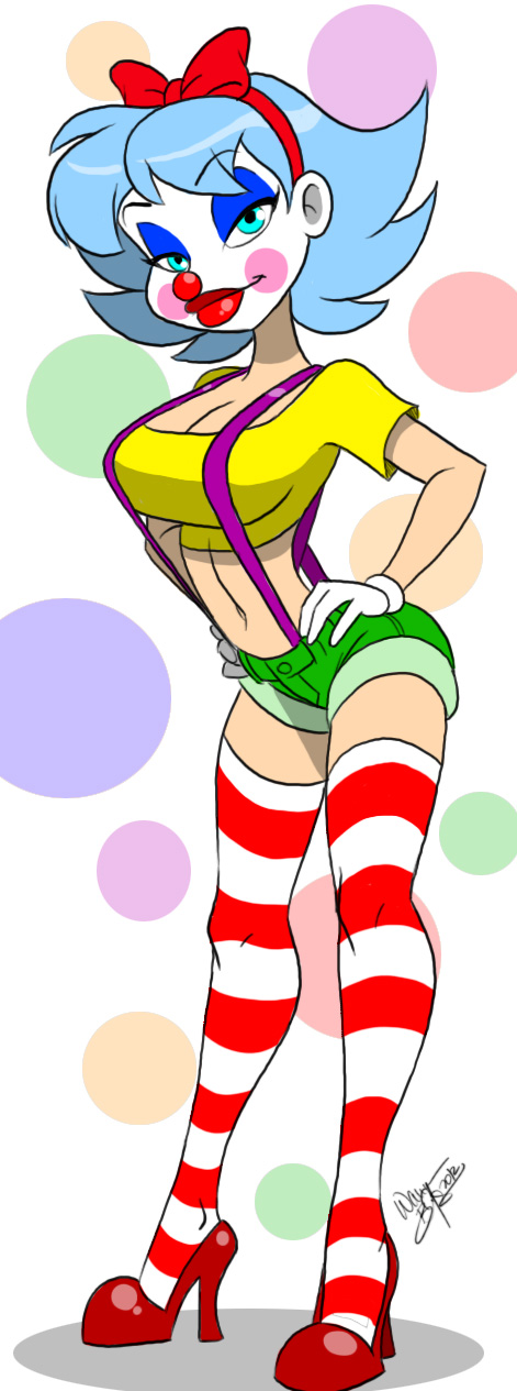 1girls, aeolus06, bimbo, blue hair, blush, breasts, busty, circus, cleavage, clothed, clown, clown girl, clown makeup, clown nose, curvy, eyeshadow, female, giggles the slutty clown, high heels, hourglass figure, legs, lipstick, looking at viewer, lower body, makeup, original character, short shorts, stockings, striped legwear, thick, thigh highs, thighhighs, upper body, voluptuous