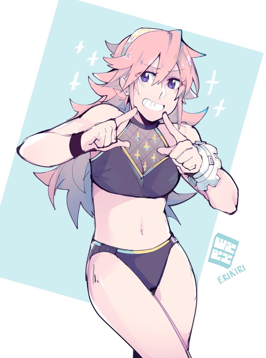1girls, bare arms, bare legs, bare midriff, bare shoulders, belly, bikini, bikini bottom, bikini top, breasts, cleavage, clothed, cuffs, erikiri, female, female only, fire emblem, fire emblem fates, hands, long hair, midriff, navel, pink hair, pointing, purple eyes, see-through, simple background, smile, soleil (fire emblem), solo, sparkle, sparkles, swimsuit, teeth, text, thighs, v, watermark