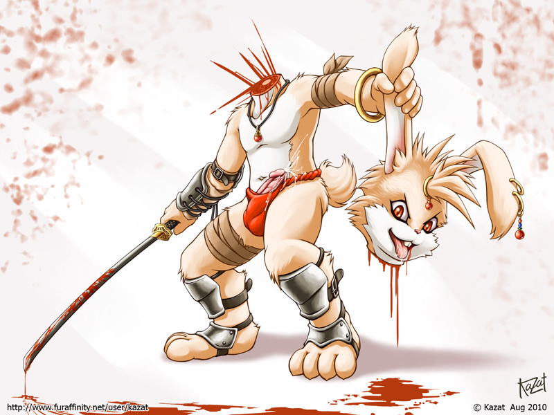 2010 balls blood cum decapitation gore just_a_flesh_wound kazat lagomorph male mammal melee_weapon penis rabbit red_eyes solo sword weapon