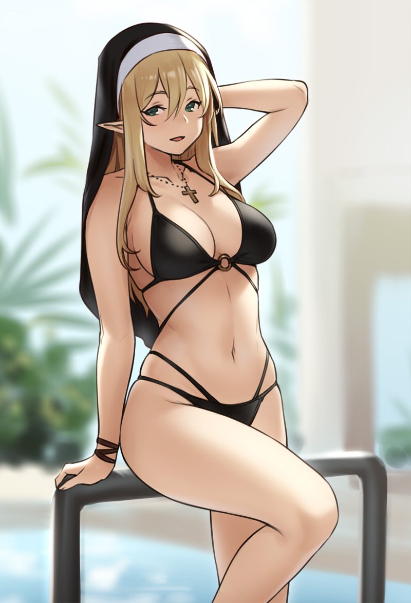 big breasts, bikini, bra, breasts, cleavage, elf, female, female only, houtengeki, large breasts, looking at viewer, medium breasts, nun, nun's habit, panties, pointy ears, solo, swimsuit