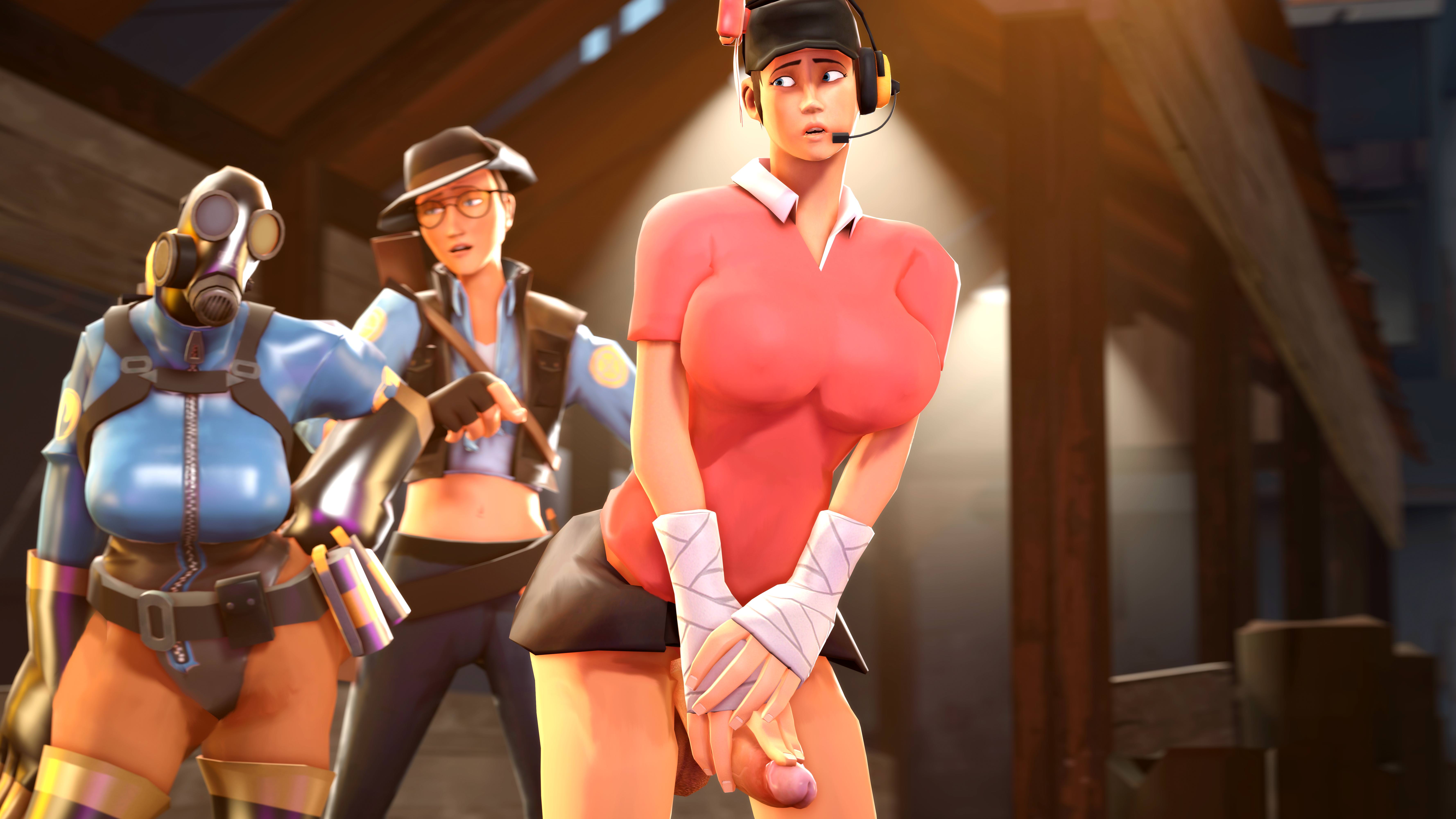 2girls, 3d, 3d (artwork), dickgirl, dreamhayzesfm, female, fempyro, femscout, femsniper, futanari, hat, intersex, pyro (team fortress 2), ribbon, scout (team fortress 2), skirt, sniper (team fortress 2), team fortress 2
