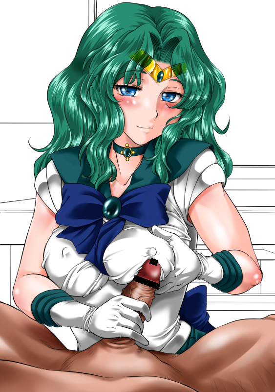 1boy bar_censor bishoujo_senshi_sailor_moon blue_eyes blush breasts censored choker clothing collarbone erect_nipples erect_nipples_under_clothes erection female gabri-l gloves green_hair handjob large_breasts looking_at_viewer michiru_kaiou penis sailor_neptune smile source_request