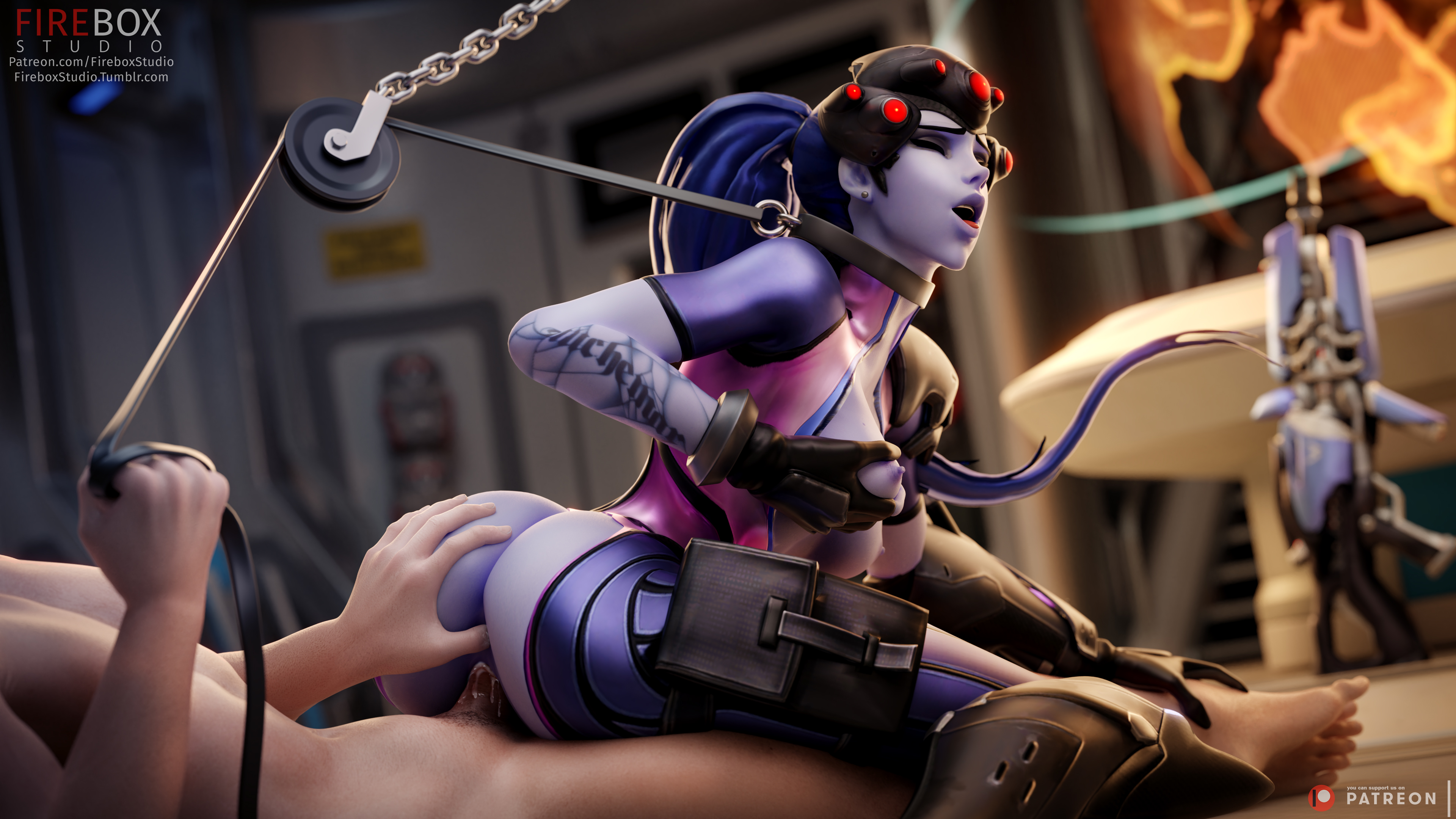 3d, absurdres, amelie lacroix, anus, areolae, ass, blender, blizzard entertainment, bondage, breasts, erection, female, fireboxstudio, highres, male, nipples, overwatch, patreon username, penetration, penis, pussy, reverse cowgirl position, sex, straight, tumblr username, unseen male face, vaginal penetration, widowmaker