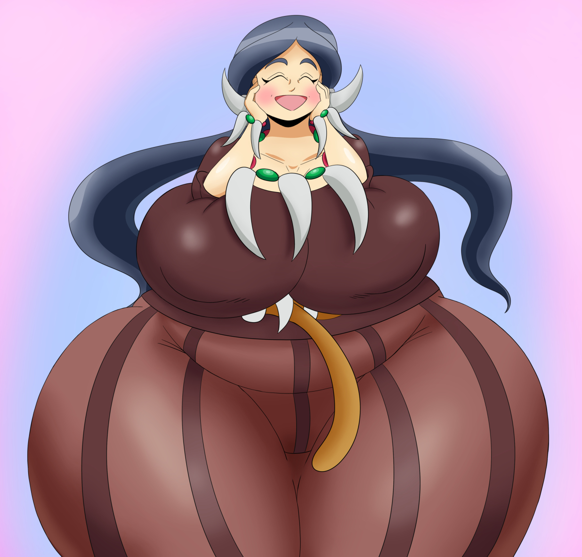 1girls, ass, black hair, breasts, breasts bigger than head, busty, chubby, closed eyes, clothed, dracaena (pokemon), drasna (pokemon), dress, female, female only, game freak, huge breasts, human, human only, hyper, hyper ass, hyper breasts, mechspazer, nintendo, overweight, overweight female, pokemon, pokemon xy, solo, thick, thick thighs, thighs bigger than head, thighs bigger than torso, wide hips