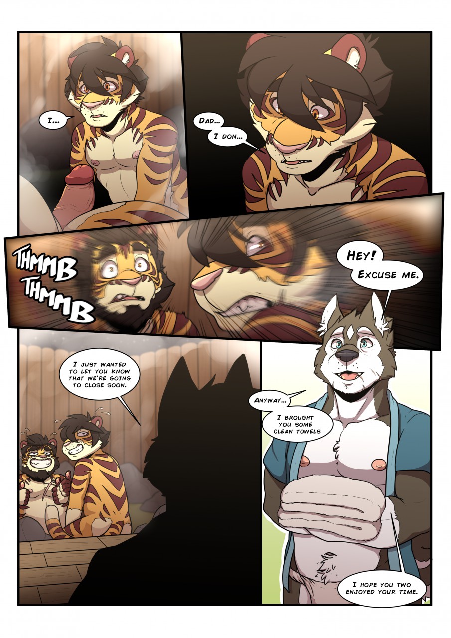 anthro baraking canine comic english_text erection father father_and_son feline gay humanoid_penis incest male male_only mammal parent penis son tiger yaoi