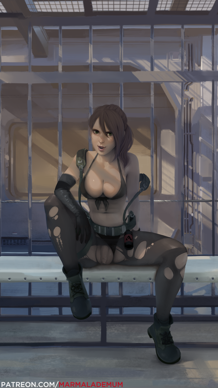 1futa, balls, breasts, cell, cleavage, dickgirl, flaccid, futa only, futanari, intersex, large breasts, looking at viewer, marmalademum, metal gear solid, metal gear solid v, panties, penis, penis out, prison, prisoner, quiet (metal gear), sitting, small penis, solo, testicles