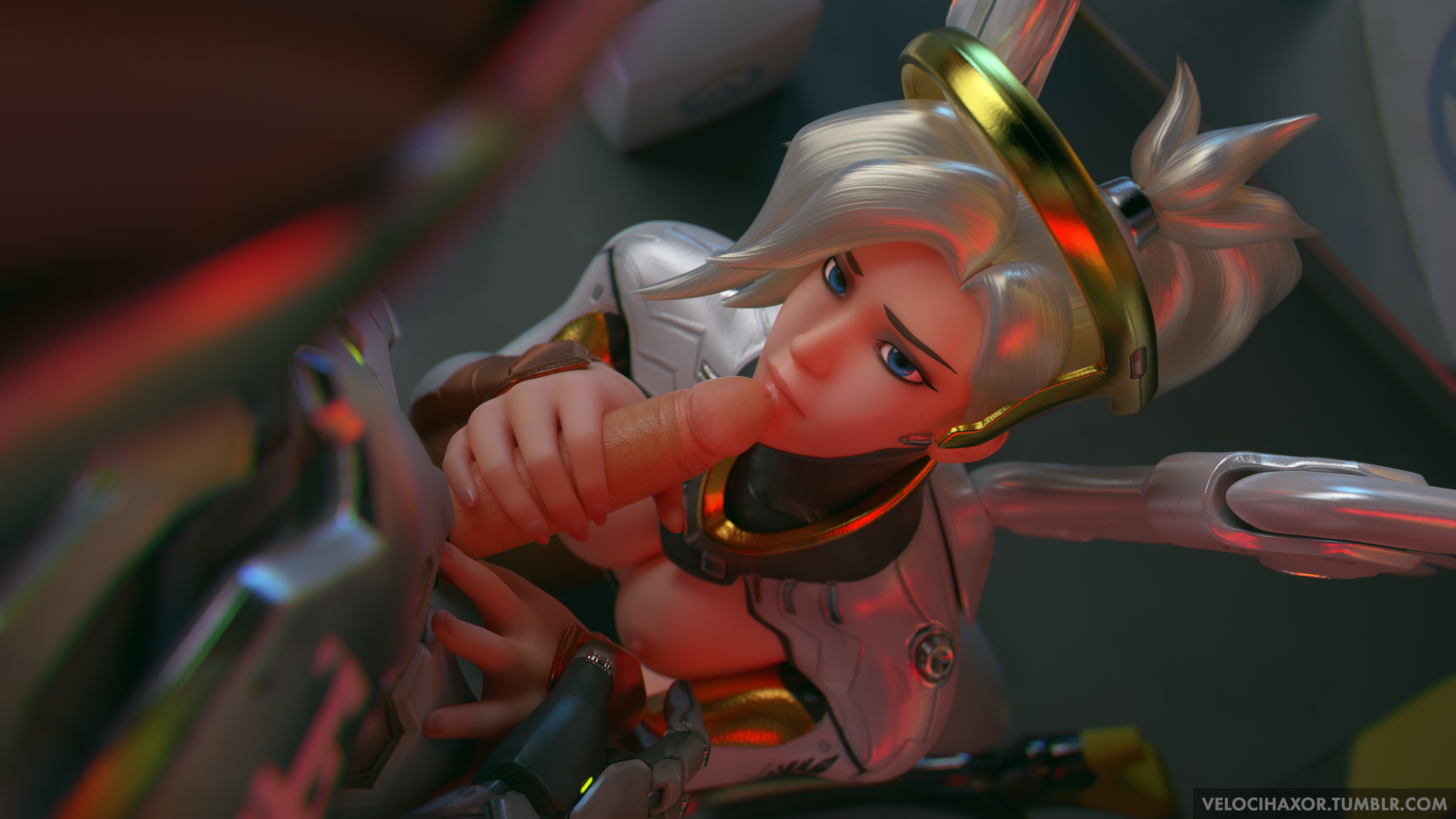 3d, blender, blonde hair, blue eyes, erection, female, genji, handjob, male, mercy, overwatch, penis, straight, velocihaxor