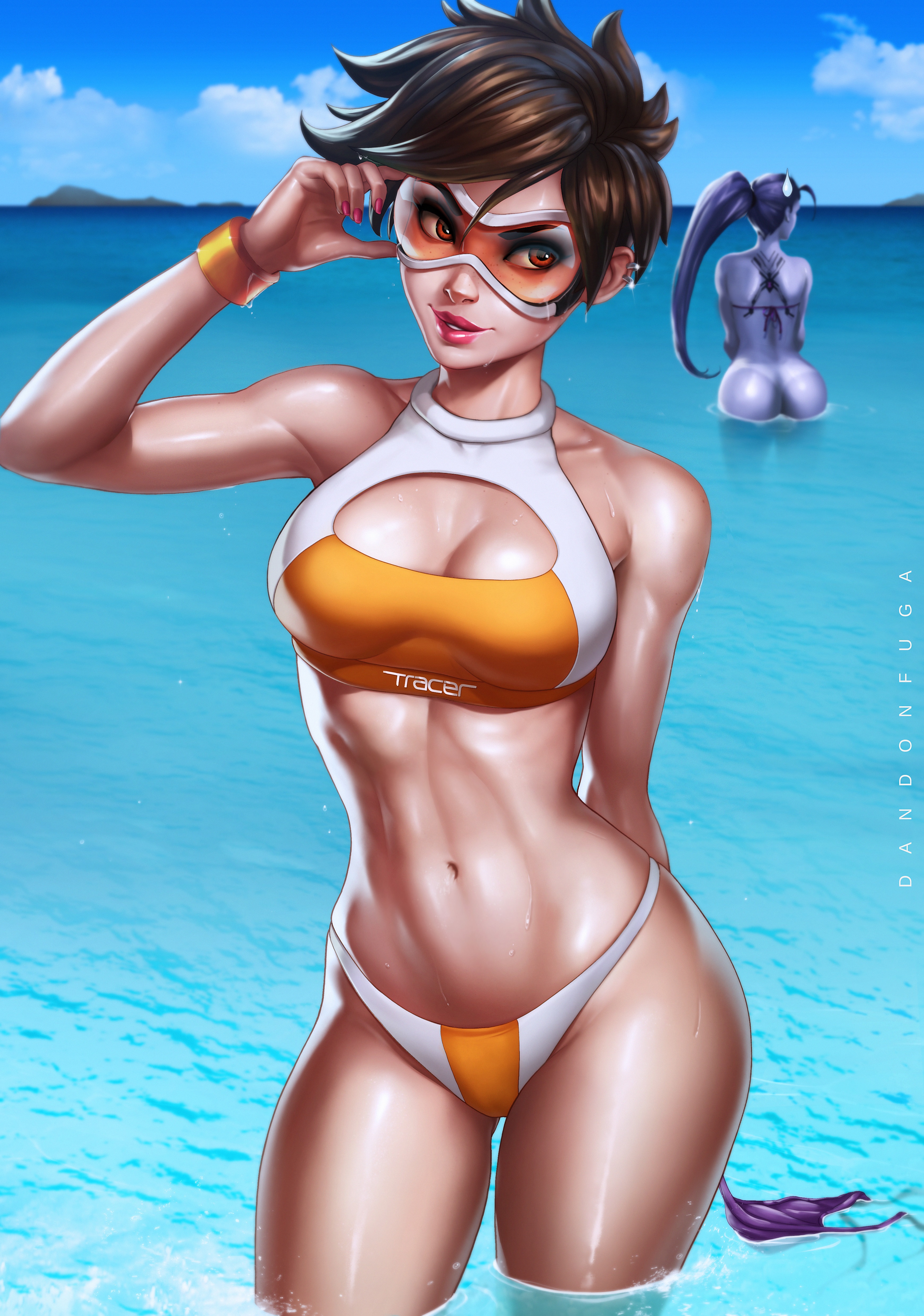 beach, bikini, blizzard entertainment, breasts, curvy, dandon fuga, eyeshadow, female, large breasts, lipstick, looking to the side, makeup, nail polish, overwatch, swimsuit, tracer, wet, widowmaker