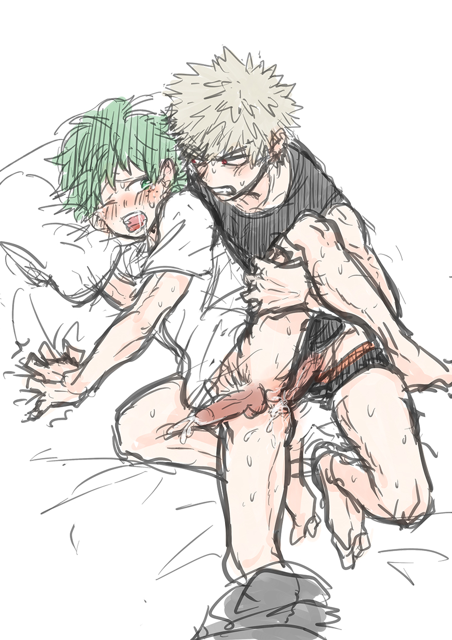 2boys, ahe gao, ahegao, anal, anal sex, ass, blonde hair, blush, cum, cum in ass, cum inside, gay, green eyes, green hair, izuku midoriya, katsuki bakugou, leg lift, male, male only, my hero academia, naughty face, red eyes, spiky hair, yaoi