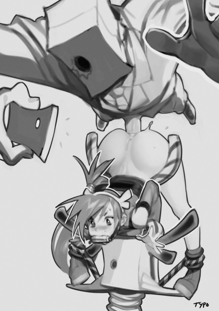 1boy antlers anus ass bag bag_on_head balancing bit_gag blush bondage bottomless bound bound_ankles boy_on_top cellphone commentary defeated detached_sleeves doggy_style english_commentary fake_antlers faust_(guilty_gear) female gag gagged greyscale guilty_gear kuradoberi_jam large_penis monochrome optionaltypo paper_bag penis phone photografic_proof planking pussy_juice reindeer_antlers self_shot sex smartphone spring_rider straight vaginal_penetration