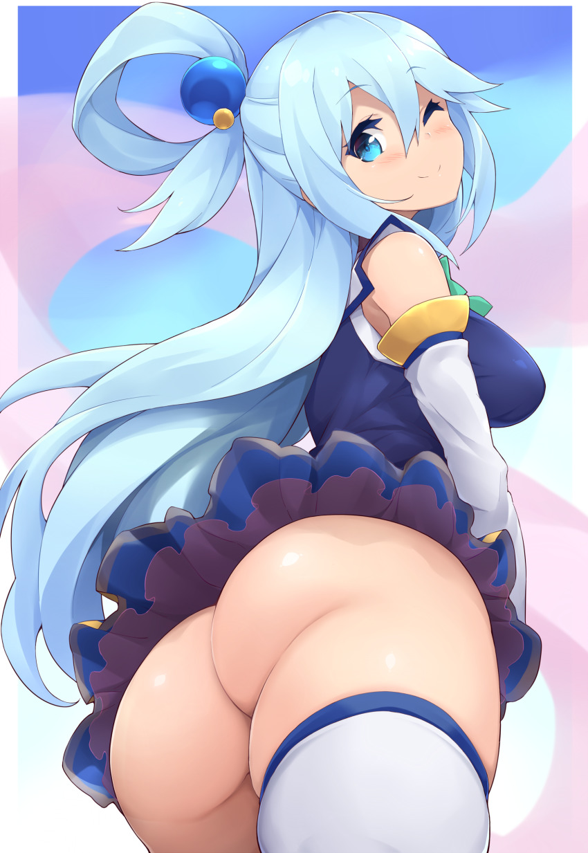 1girls aqua_(konosuba) ass bare_shoulders blue_eyes blue_hair blush female female_only from_behind from_below highres jampen kono_subarashii_sekai_ni_shukufuku_wo! long_hair looking_at_viewer looking_back looking_back_at_viewer no_panties one_eye_closed smile solo thighhighs