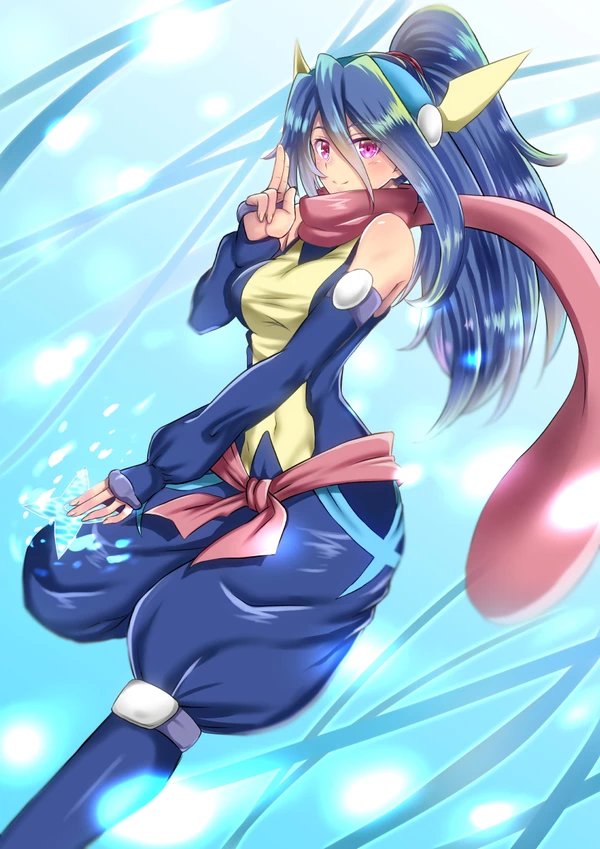 1girls alternate_species blue_hair breasts female_only greninja humanized humanized_pokemon long_hair moemon ninja personification pink_eyes pokemon pokemon_(species) pokemon_xy ponytail scarf solo solo_female takecha