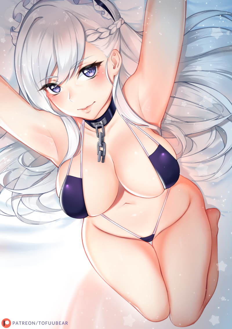 1girls, armpits, arms up, azur lane, belfast (azur lane), belly, bikini, breasts, cleavage, eyelashes, feet, female, female only, kneeling, large breasts, long hair, looking at viewer, midriff, navel, purple eyes, smile, solo, text, thigh gap, tofuubear, url, watermark, white hair, wide hips