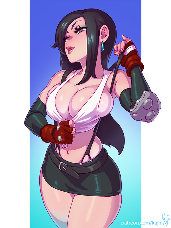 beltskirt, big breasts, black skirt, breasts, cleavage, female, female only, final fantasy, final fantasy vii, kajinman, large breasts, looking at viewer, solo, tifa lockhart