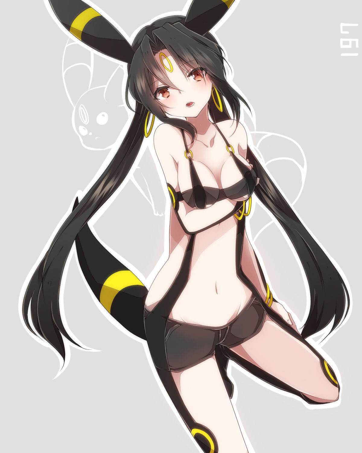 1girls, black hair, breasts, eeveelution, eeveelutions, female, female only, humanized, nintendo, pokemon, pokemon (species), pokemon gsc, shorts, takeshima (nia), thin waist, umbreon