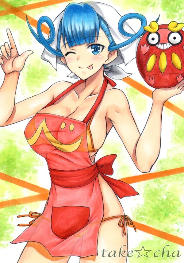 1girls apron bikini darumaka female_only human large_breasts looking_at_viewer malin_(pokemon) nintendo pokemon pokemon_(movie) pokemon_bw pokemon_the_movie:_kyurem_vs._the_sword_of_justice see-through takecha text watermark