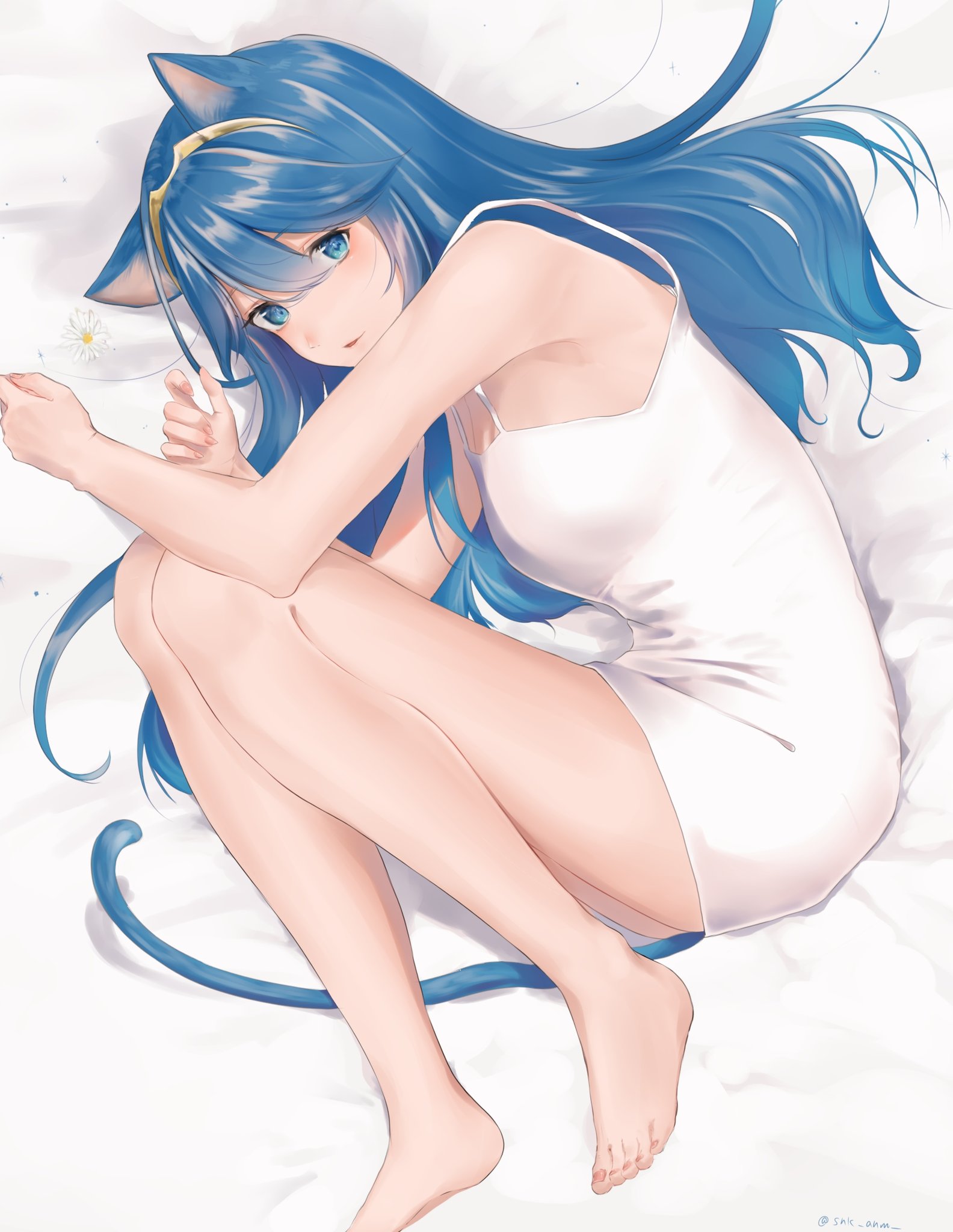 animal ears, bare shoulders, bed, blue eyes, blue hair, blush, camisole, cat girl, cat tail, female, fire emblem, fire emblem awakening, hair ornament, high resolution, long hair, looking at viewer, lucina (fire emblem), nekomimi, niko (aiai03012), simple background, snk anm, solo, tail, tiara, twitter username