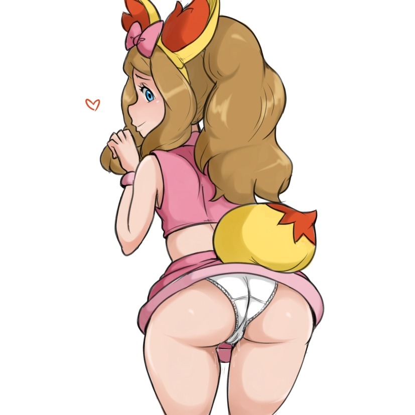 1girls, animal ears, ass, big hair, blonde hair, blue eyes, blush, bow, breasts, cosplay, crop top, fake animal ears, fake ears, female, female only, fennekin (cosplay), fox ears, fox tail, from behind, hairbow, hand up, headband, heart, human, human only, long hair, looking at viewer, looking back, midriff, nintendo, panties, pantyshot, paw pose, pink bow, pink shirt, pink skirt, pokemon, pokemon (cosplay), pokemon xy, ponytail, pussy, pussy juice, reach025, serena (pokemon), shirt, simple background, skirt, sleeveless, sleeveless shirt, small breasts, smile, solo, solo female, standing, tail, tank top, thigh gap, underwear, upskirt, wet, wet clothes, wet panties, white background, white panties
