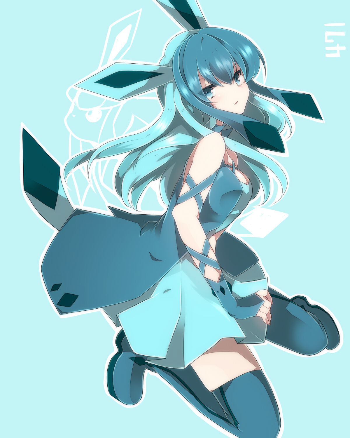 1girls, blue hair, cleavage, eeveelution, eeveelutions, female, female only, glaceon, humanized, nintendo, pokemon, pokemon (species), pokemon dppt, takeshima (nia)