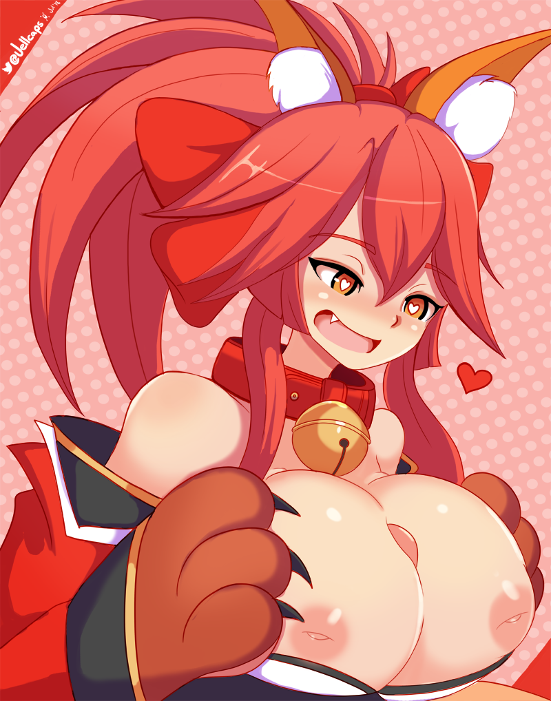 animal_ears bell breasts collar fangs fate_(series) female fox_ears hair_ribbon heart heart-shaped_pupils humanoid inverted_nipples jellcaps large_breasts male mammal nipples open_mouth paizuri penis red_hair ribbons sex straight symbol-shaped_pupils tamamo_cat