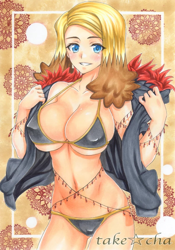 1girls abs alice_(pokemon) belly bikini blonde_hair blue_eyes blush breasts brown_background cleavage eyelashes female_only huge_breasts human jacket long_hair midriff navel nintendo pokemon pokemon:_the_rise_of_darkrai pokemon_(movie) pokemon_dppt sideboob smile stripping takecha teeth text thigh_gap underboob watermark