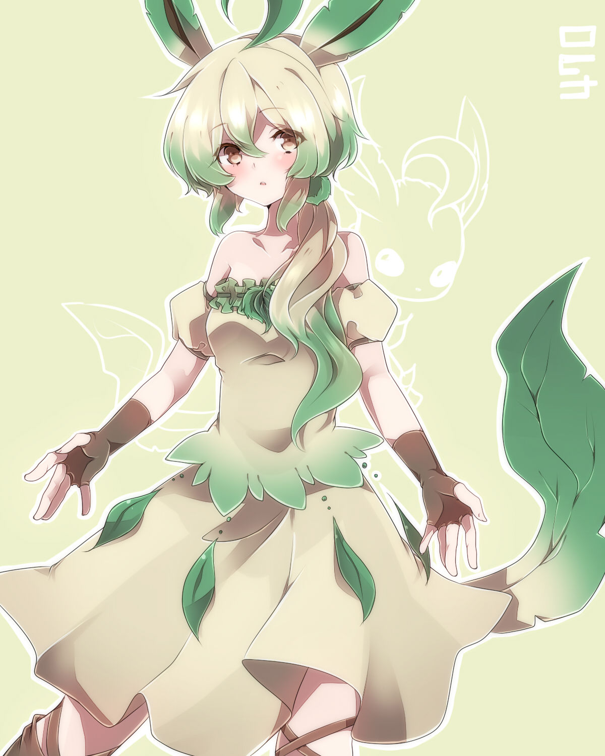 1girls, blonde hair, breasts, dress, eeveelution, eeveelutions, female, female only, green hair, humanized, leafeon, nintendo, pokemon, pokemon dppt, takeshima (nia)