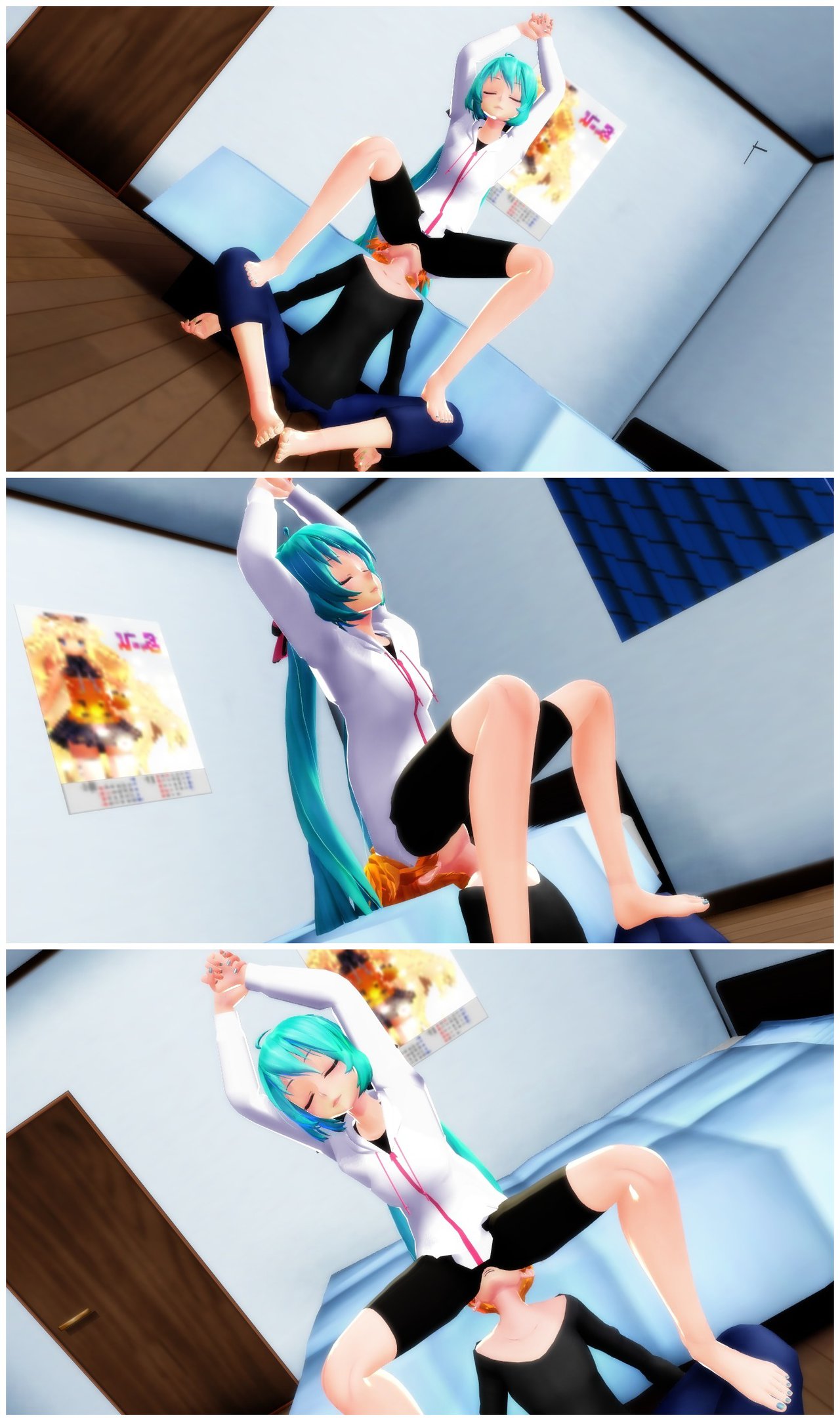 1boy, 1girl, 1girls, aqua hair, arms up, asphyxiation, ass, ass sniffing, ass worship, barefoot, bed, bedroom, bike shorts, blonde hair, brutal, chair, closed eyes, comic, cunnilingus, cushion, death by snoo snoo, domination, exercise, face in ass, facesitting, female, femdom, fetish, furniture, glasses, green hair, hatsune miku, hetero, human chair, human furniture, humiliation, indoors, kagamine len, kagamine rin, long hair, male, mikumikudance, mmd, nail polish, open mouth, oral, panties, penis, pillow, punishment, seat, seated, sexual objectification, sitting, sitting on face, sitting on person, smothering, stretching, submission, tda (3d model style), toenails, torture, twintails, very long hair, vocaloid, yellow hair