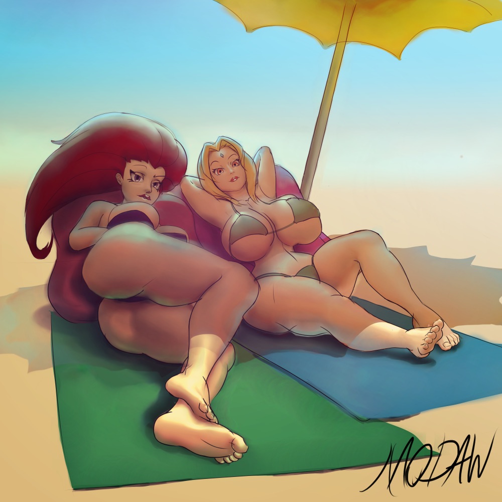 2girls, ass, barefoot, beach, big breasts, bikini, blonde hair, boruto: naruto next generations, breasts, brown eyes, cleavage, crossover, feet, female, female only, forehead jewel, huge ass, huge breasts, human, human only, jessie (pokemon), long hair, modaw, naruto, naruto (series), naruto shippuden, nintendo, pokemon, pokemon rgby, red hair, sand, shadow, soles, swimsuit, team rocket, text, thick thighs, thin waist, toes, towel, tsunade, watermark, wide hips