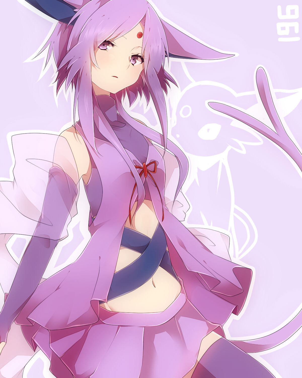 1girls, belly, breasts, clothed, eeveelution, eeveelutions, espeon, female, female only, humanized, midriff, nintendo, pokemon, pokemon (species), pokemon gsc, purple hair, takeshima (nia)