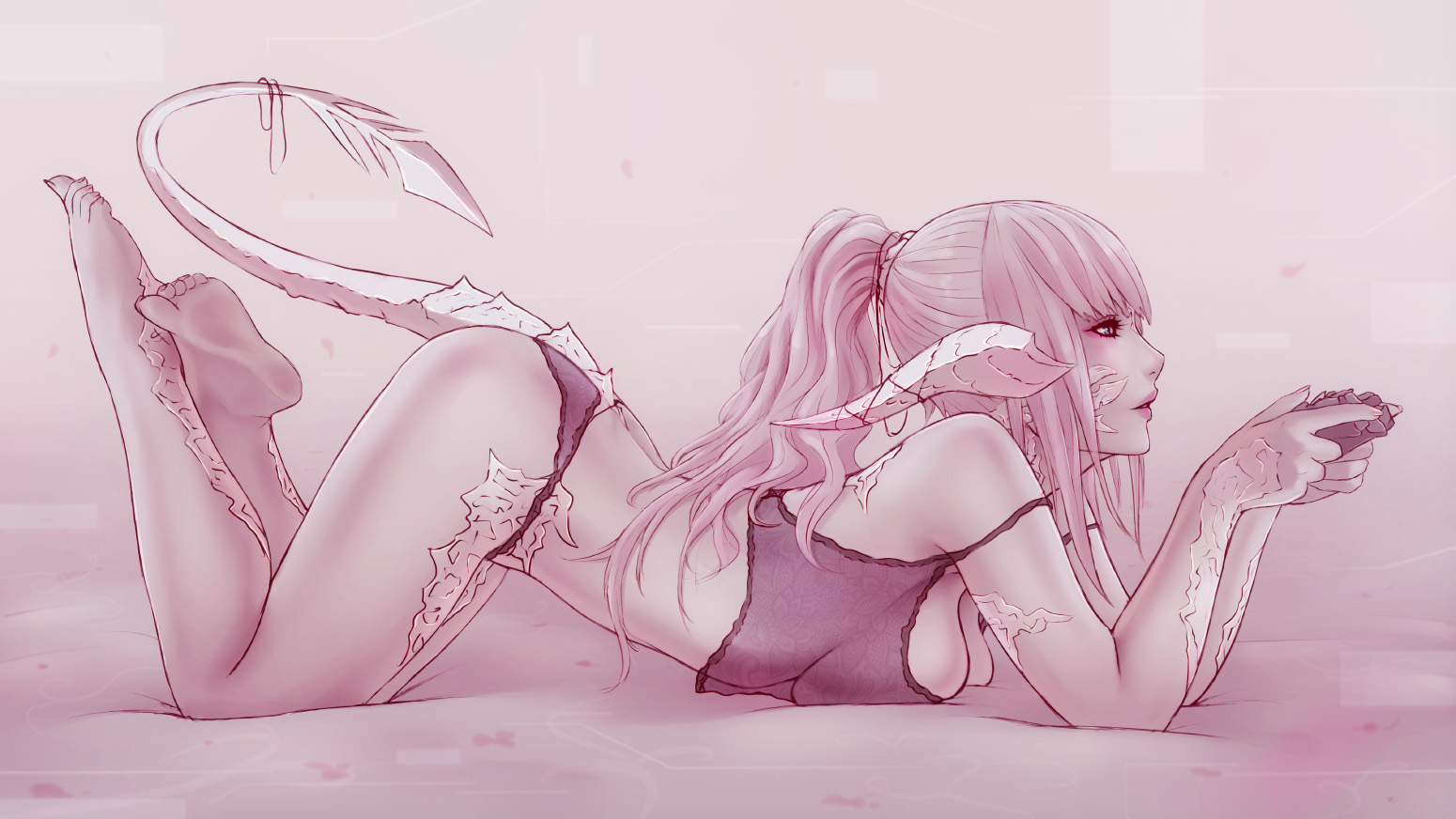 au ra, breasts, female, female only, final fantasy, final fantasy xiv, game controller, lying, raen, sideboob, soranamae, tail