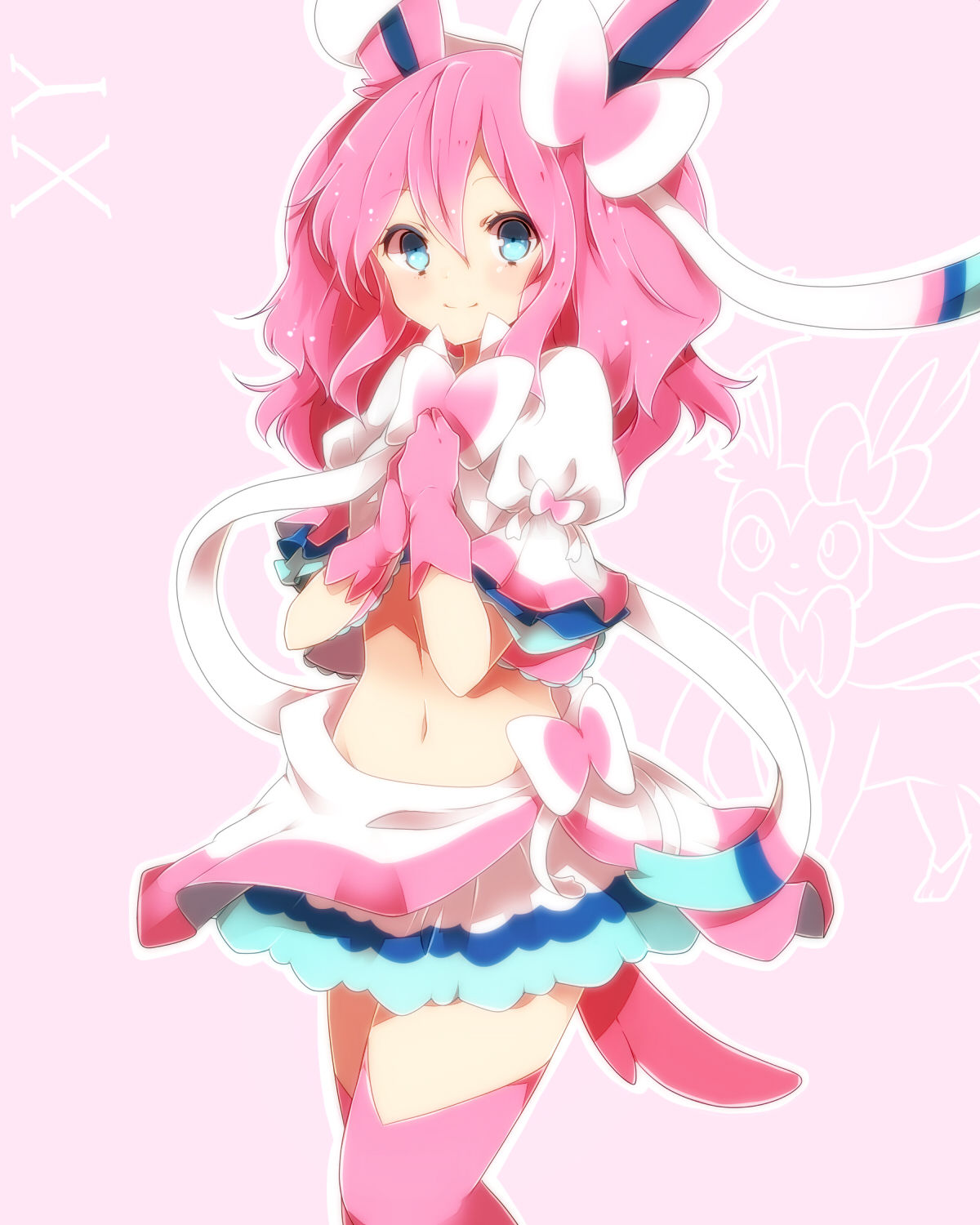 1girls, breasts, clothed, crop top, eeveelution, eeveelutions, female, female only, humanized, looking at viewer, midriff, miniskirt, nintendo, pink hair, pokemon, pokemon (species), pokemon xy, ribbons, shirt, skirt, sylveon, takeshima (nia)