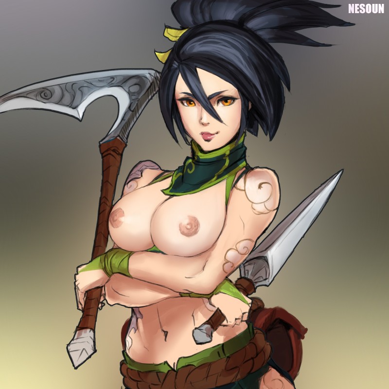 1girls, 2d, akali jhomen tethi, black hair, breasts, female, female only, league of legends, light skin, light-skinned female, nesoun, ninja, nipples, riot games, solo, tattoo, topless, weapon