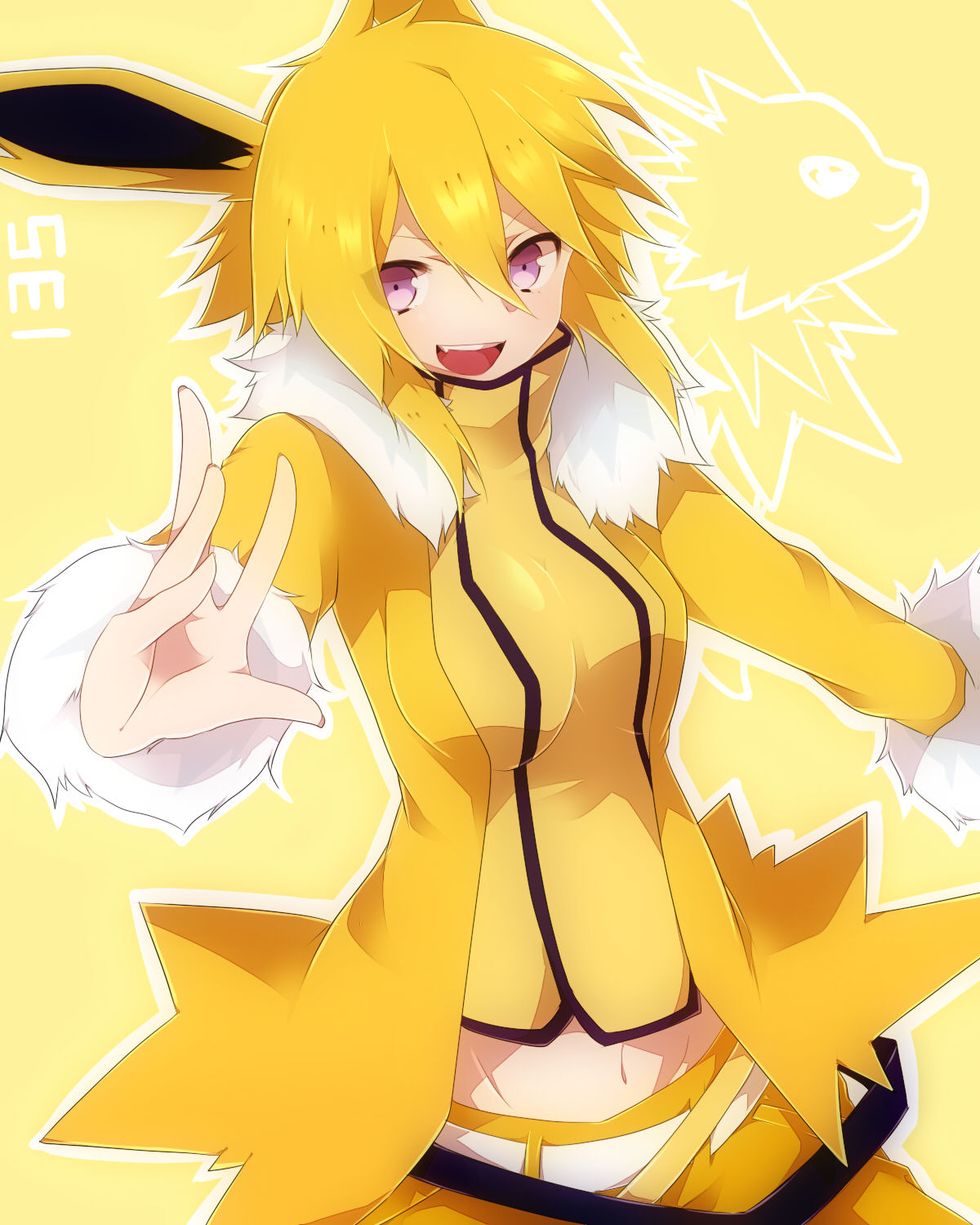 1girls, abs, animal ears, belly, blonde hair, breasts, clothed, eeveelution, eeveelutions, female, female only, humanized, jolteon, midriff, navel, pokemon, pokemon (species), pokemon rgby, simple background, takeshima (nia), yellow background, yellow hair