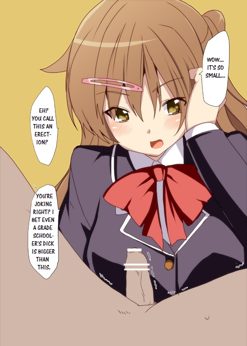 1boy, artist request, bar censor, blush, censored, chuunibyou demo koi ga shitai!, female, humiliation, little penis, male, nibutani shinka, open mouth, penis, small penis, small penis humiliation, speech bubble, tiny penis