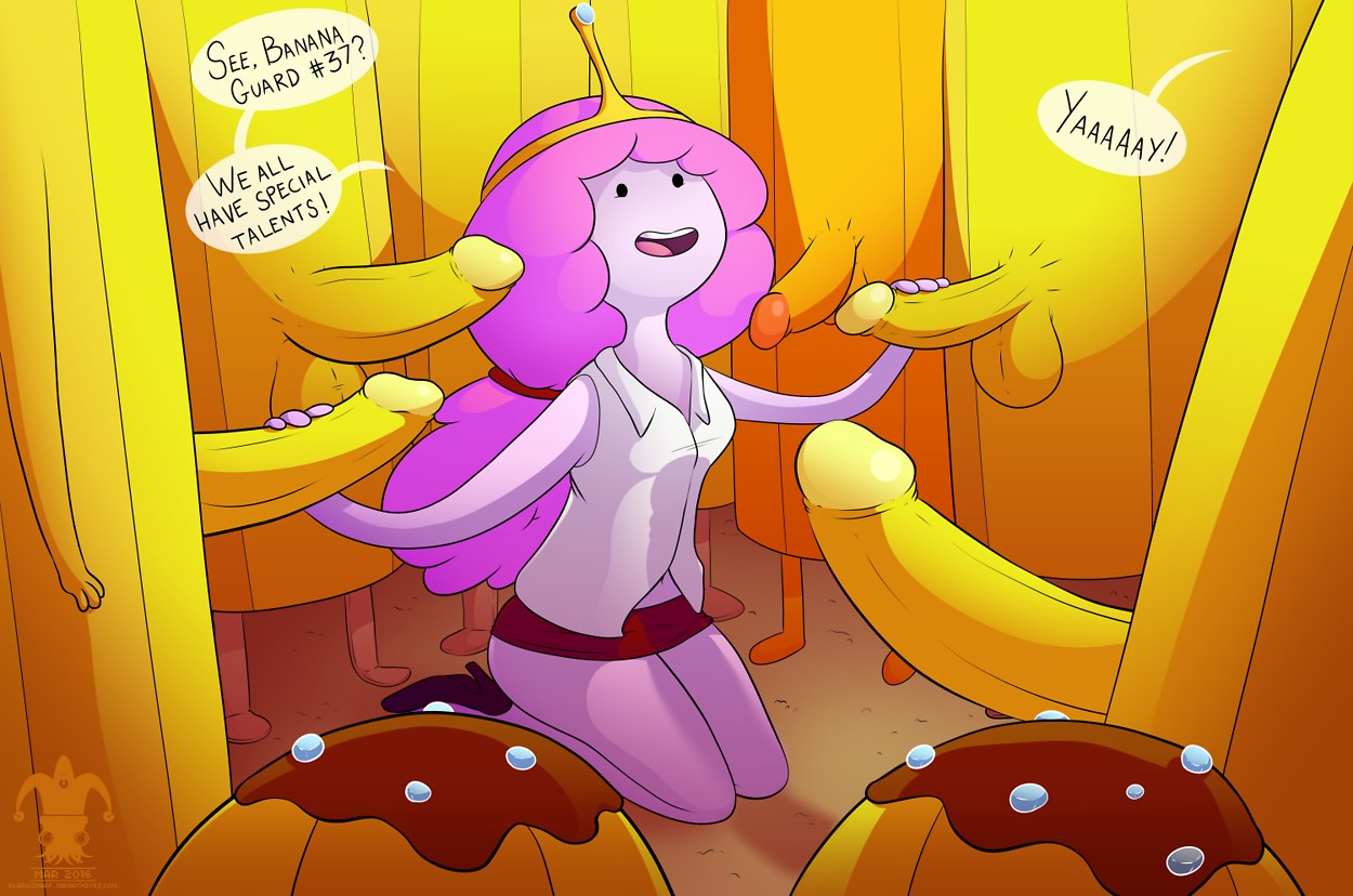 1girls 5boys adventure_time banana_guard black_eyes blargsnarf breasts bukkake cartoon_network female handjob huge_penis jake_the_dog pink_hair pink_skin princess_bubblegum straight testicles text yellow_skin